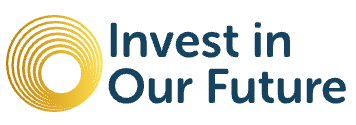 Invest in Our Future logo in blue text with yellow circles from small to big to the left of the text