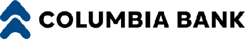 Columbia Bank logo in bold black text with a two blue rounded arrows on top of each to the left of the text