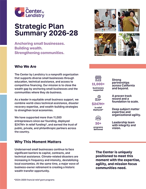 Screenshot of flyer for The Center by Lendistry's Strategic Plan Summary for 2026-28
