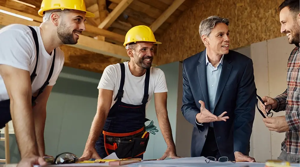 Group of construction workers discussing and reviewing blueprints