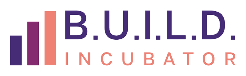 B.U.I.L.D Incubator logo in purple and salmon colored text with rising bar chart icon to the left