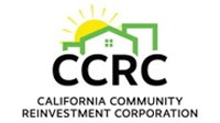 CCRC - California Community Reinvestment Corporation logo featuring green outline of homes, a yellow sun with sun rays behind and company name in black text