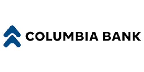 Columbia Bank logo in black text with two stacked arrow pointing up in blue to the left of the text