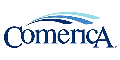 Comerica Logo in blue text with three stripped rainbow in shades of blue above