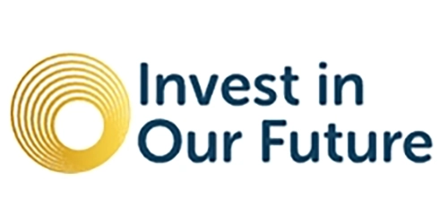 Invest in Our Future logo in blue text with a golden circular design to the left of the text